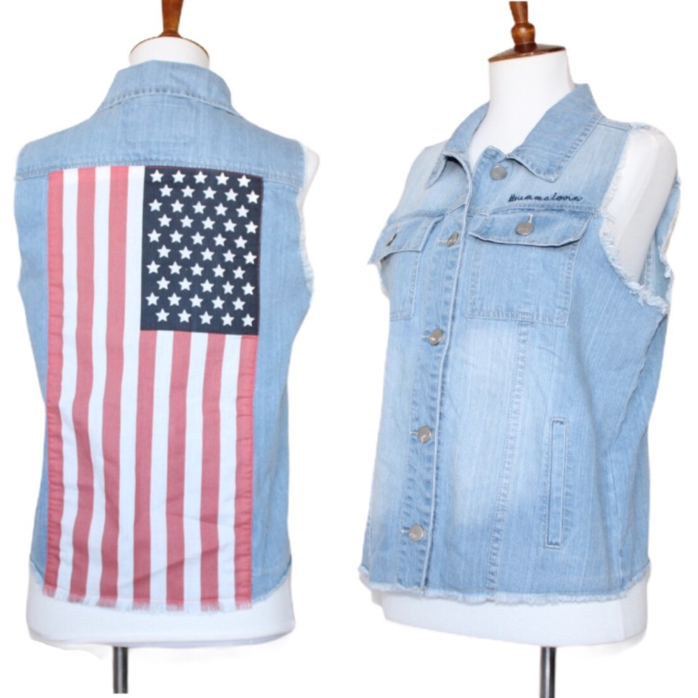 Maddie American Flag Fringe Faded Denim Vest JXS